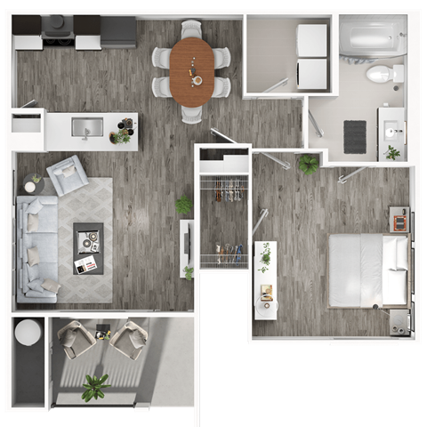 Floor plan for 1 bed, 1 bath, 836 sqft